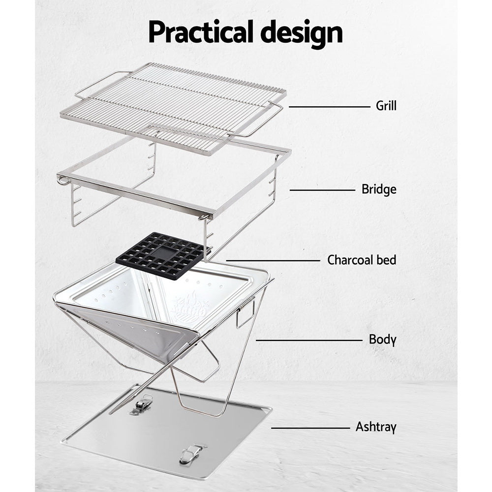 Grillz Camping Fire Pit BBQ Portable Folding Stainless Steel Stove Outdoor Pits