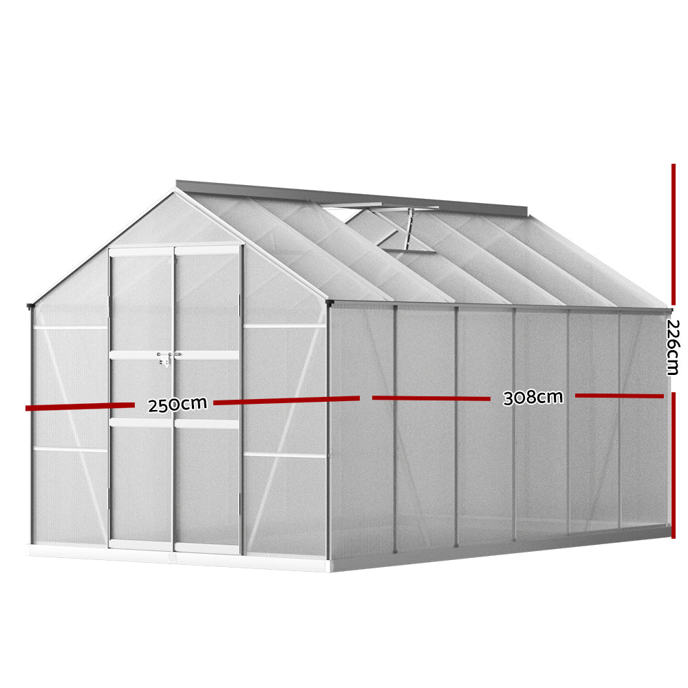 Greenfingers Greenhouse 3x2.5x2.26M Double Doors Aluminium Green House Garden Shed