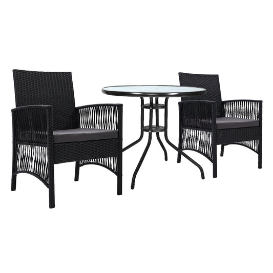 Gardeon Outdoor Furniture Dining Chairs Wicker Garden Patio Cushion Black 3PCS Tea Coffee Cafe Bar Set