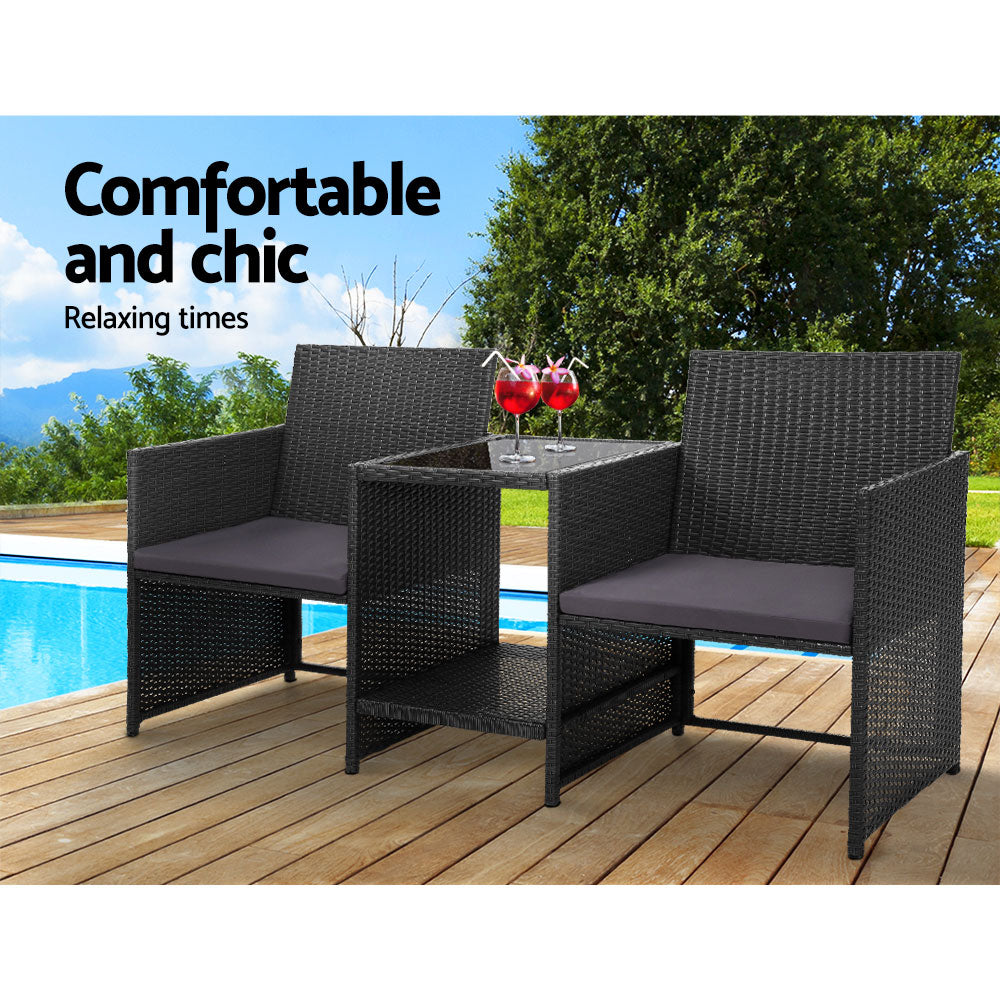 Gardeon Outdoor Setting Wicker Loveseat Birstro Set Patio Garden Furniture Black