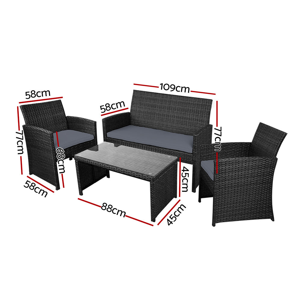 Gardeon 4 PCS Outdoor Lounge Setting Wicker Sofa Set Black Storage Cover