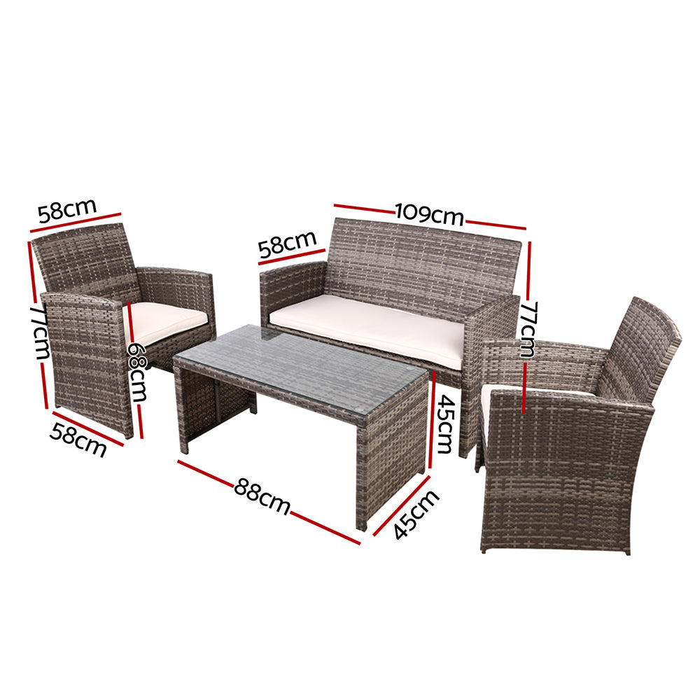 Gardeon 4 PCS Outdoor Lounge Setting Wicker Sofa Set Grey Storage Cover