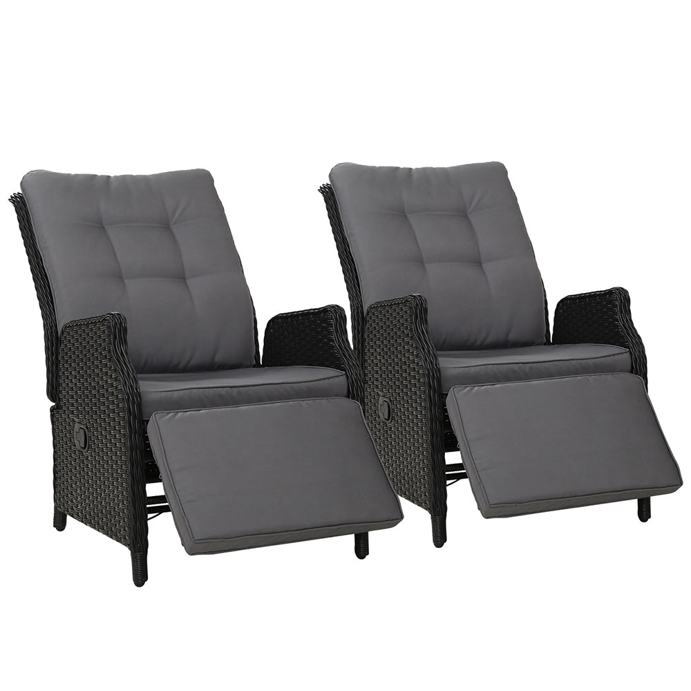 Gardeon Set of 2 Recliner Chairs Sun lounge Outdoor Furniture Setting Patio Wicker Sofa Black