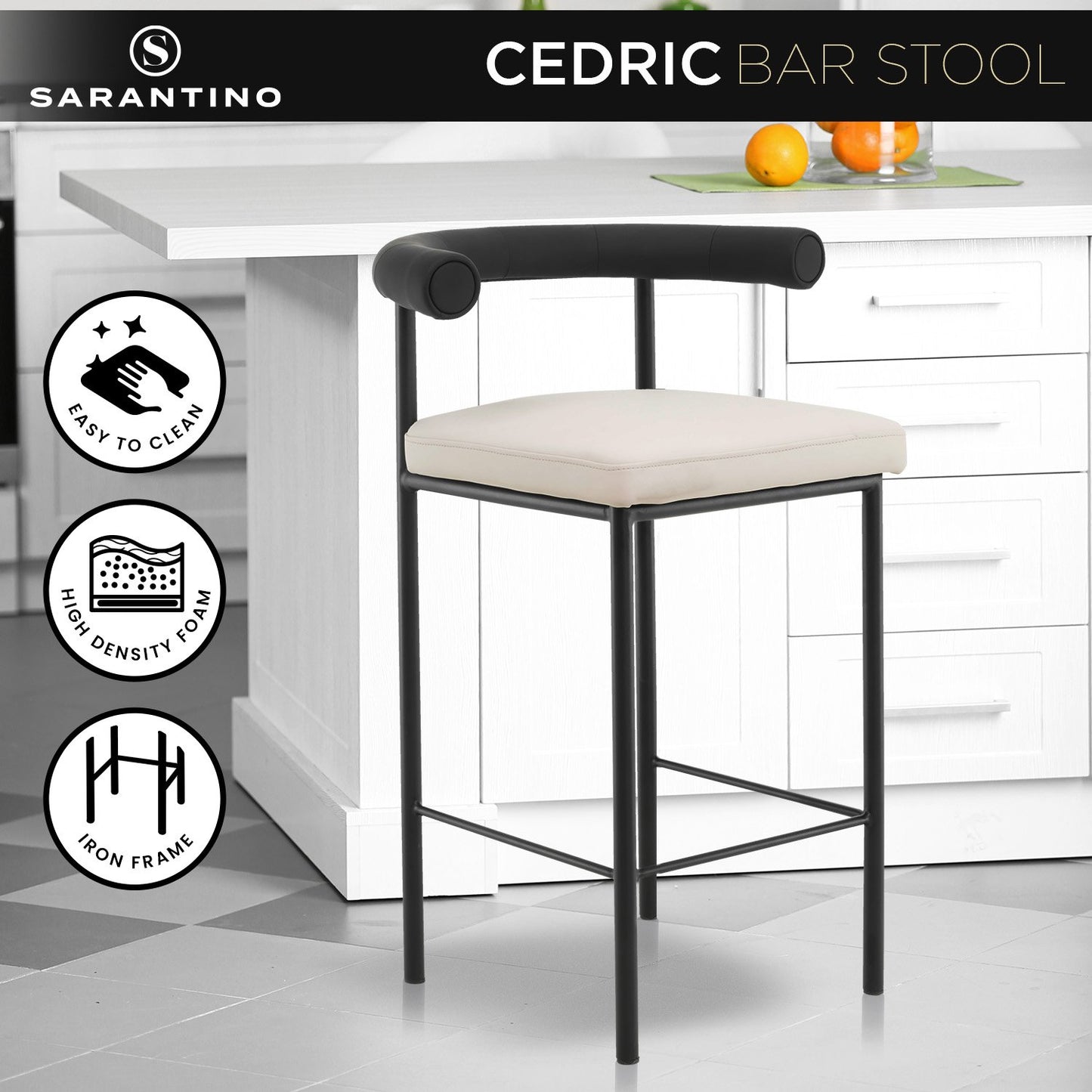 Sarantino Cedric Bar Stool W/ High-density Foam Upholstered In PU Leather Sturdy Iron Frame In Black And Beige