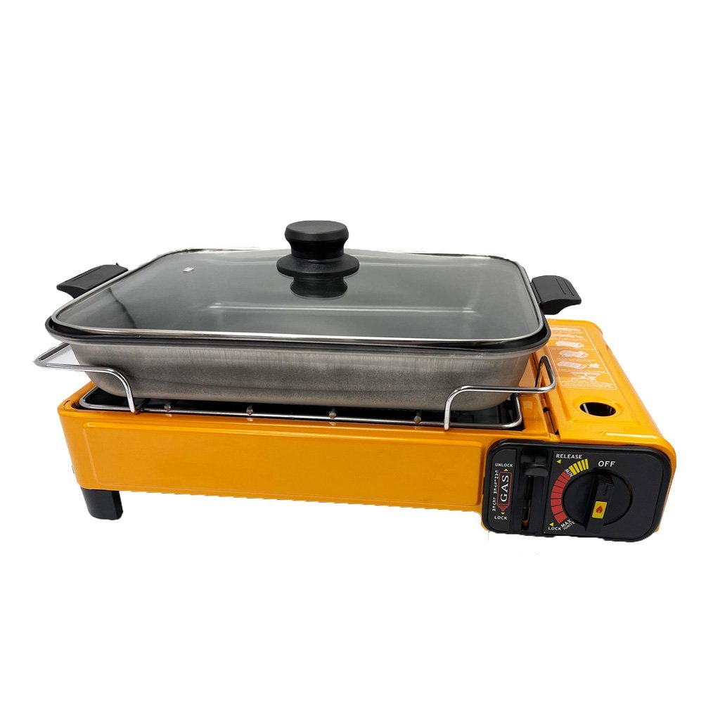 Campfire Chef Butane Gas Stove: Orange with Non-Stick Fish Pan & Lid