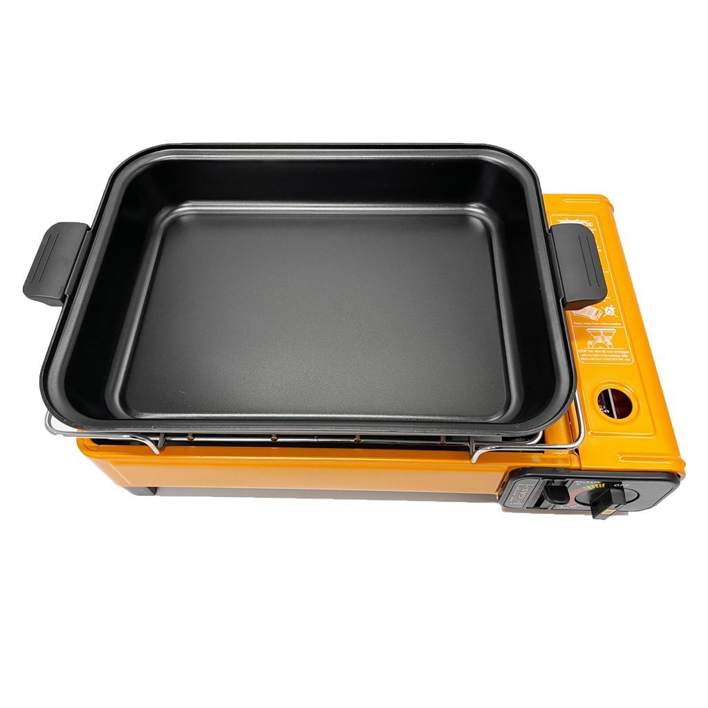 Campfire Chef Butane Gas Stove: Orange with Non-Stick Fish Pan & Lid