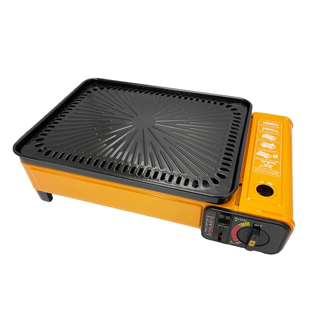 Campfire Chef Butane Gas Stove: Orange with Non-Stick Fish Pan & Lid