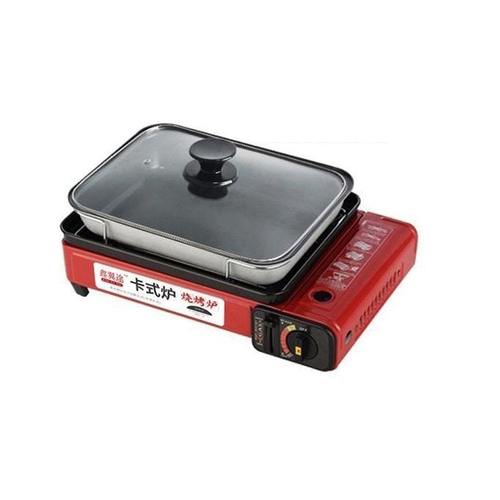 Portable Gas Stove Burner Butane BBQ Camping Gas Cooker With Non Stick Plate Red with Fish Pan and Lid