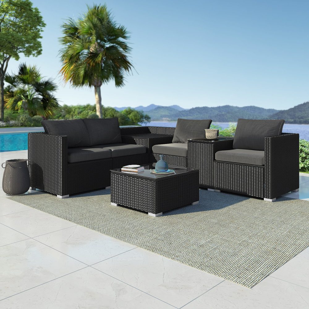 7PC Outdoor Wicker Loveseat Setting with Storage Corner (Black)