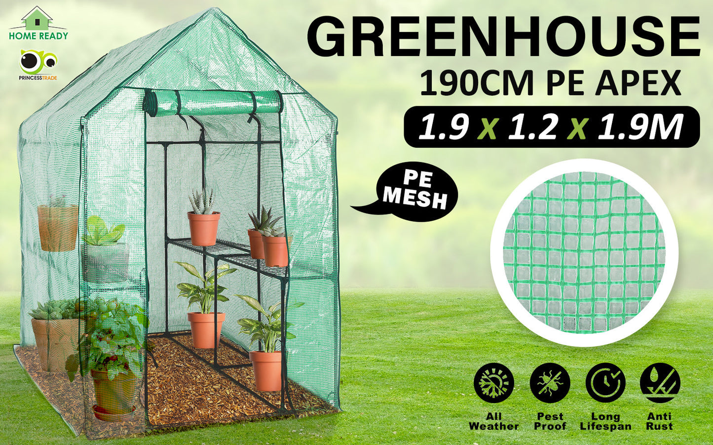 Home Ready Apex 1.9x1.2x1.9M Garden Greenhouse Walk-In Shed PE