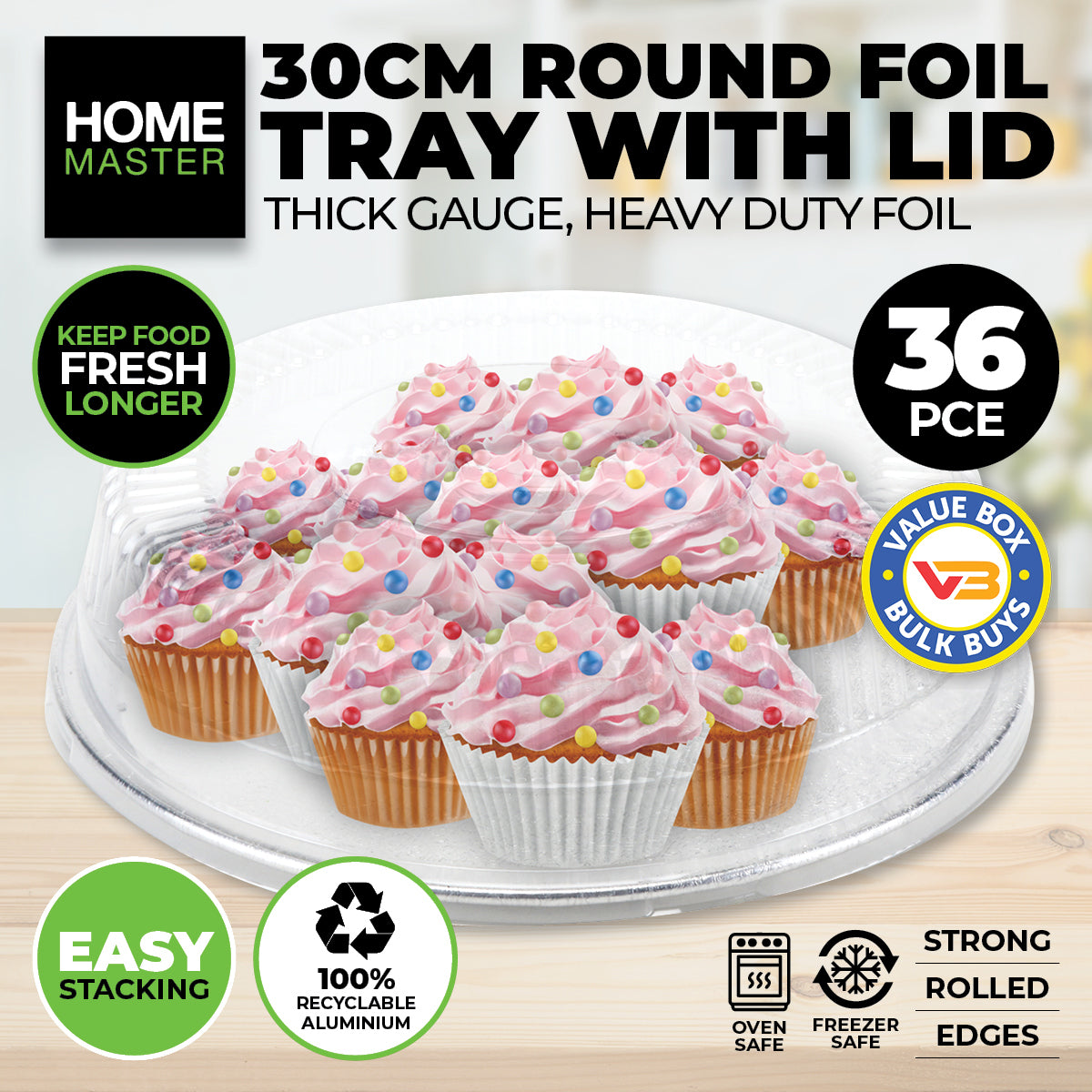 Home Master 36PCE Aluminium Foil Trays Round With Transparent Lids 30cm