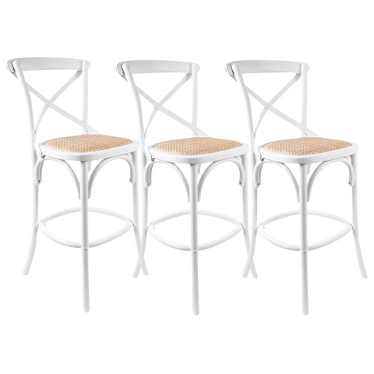 Aster 3pc Crossback Bar Stools Dining Chair Solid Birch Timber Rattan Seat White