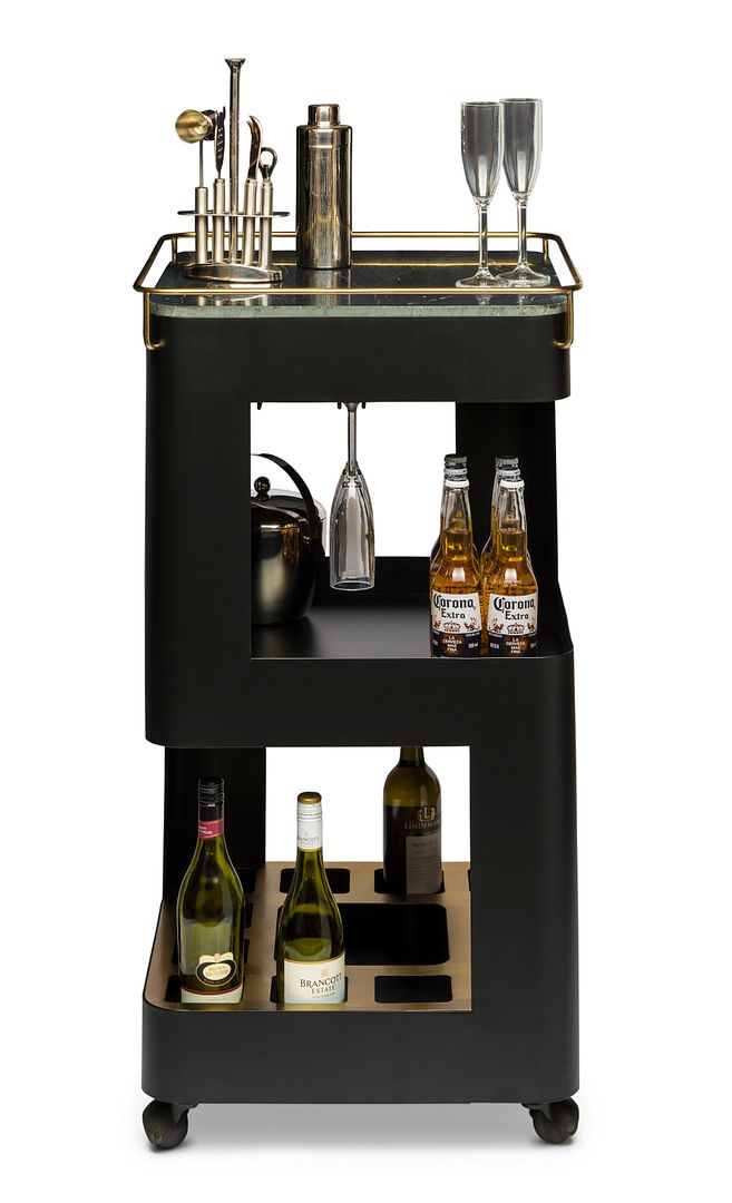 Contemporary Black Gold Drinks Trolley Bar Cart with Marble Top