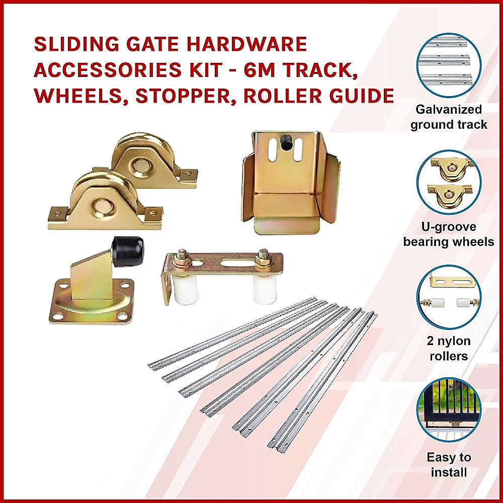 Sliding Gate Hardware Accessories Kit - 6m Track, Wheels, Stopper, Roller Guide