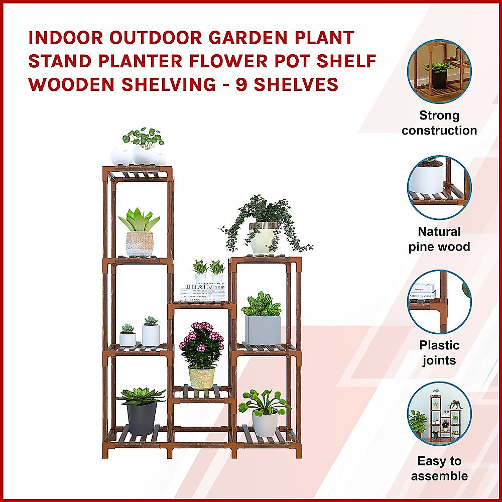 Indoor Outdoor Garden Plant Stand Planter Flower Pot Shelf Wooden Shelving - 9 Shelves