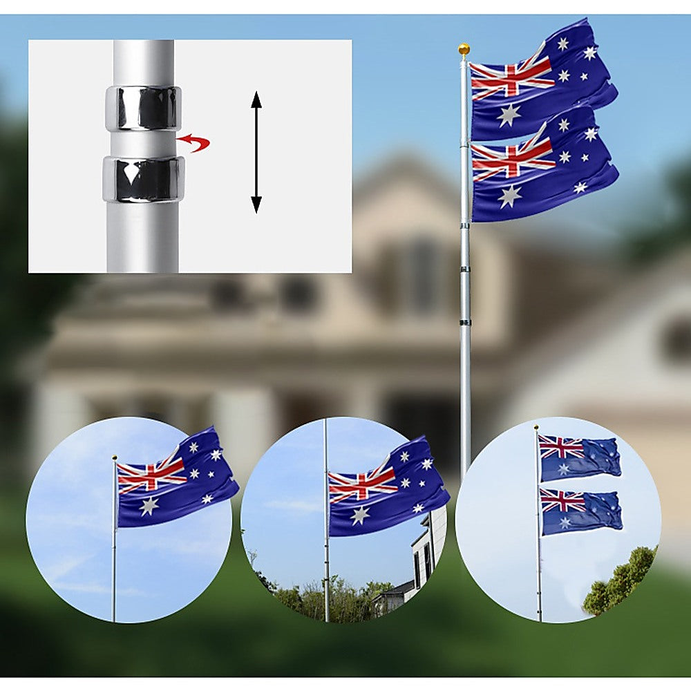 9.1m Flag Pole Kit Telescopic Heavy Duty 16 Gauge Aluminium with Flag