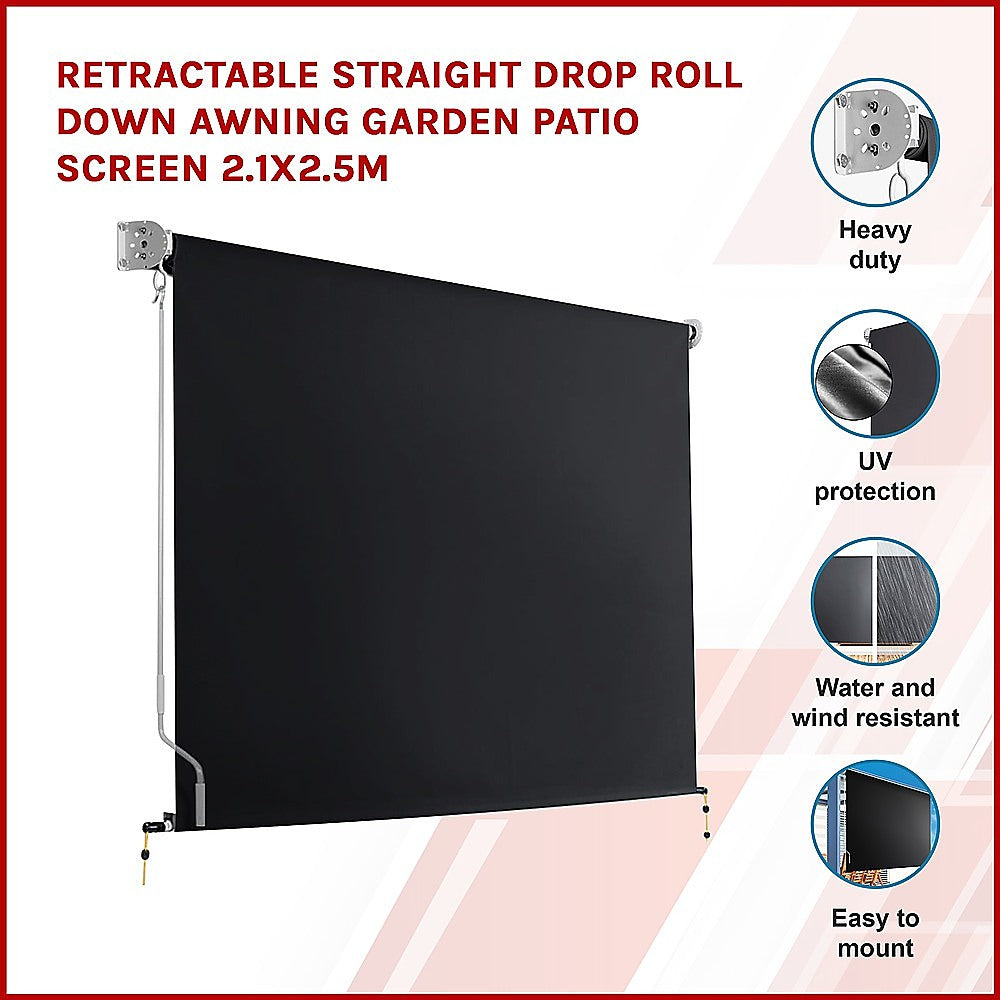 Retractable Straight Drop Roll Down Awning Garden Patio Screen 2.1X2.5M