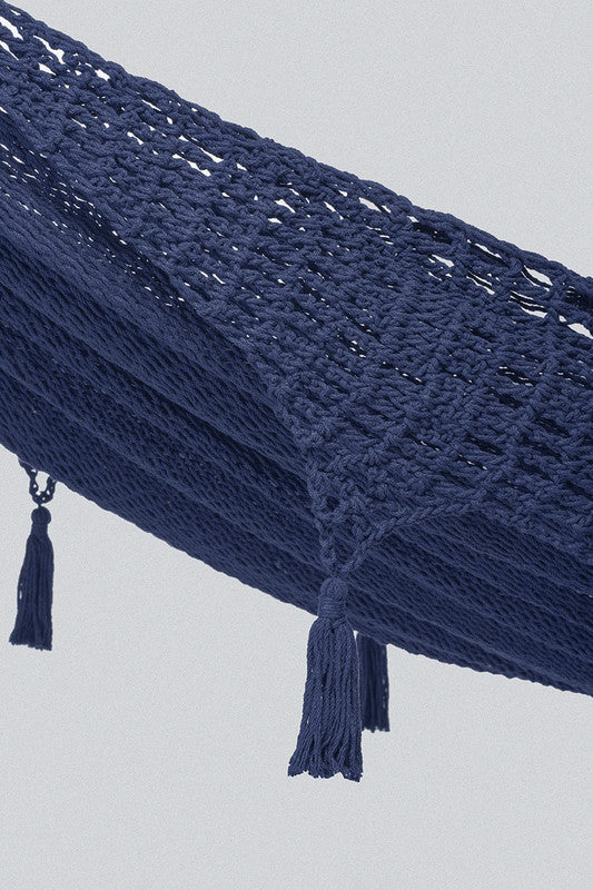 Outdoor undercover cotton Mayan Legacy hammock with hand crocheted tassels King Size Blue