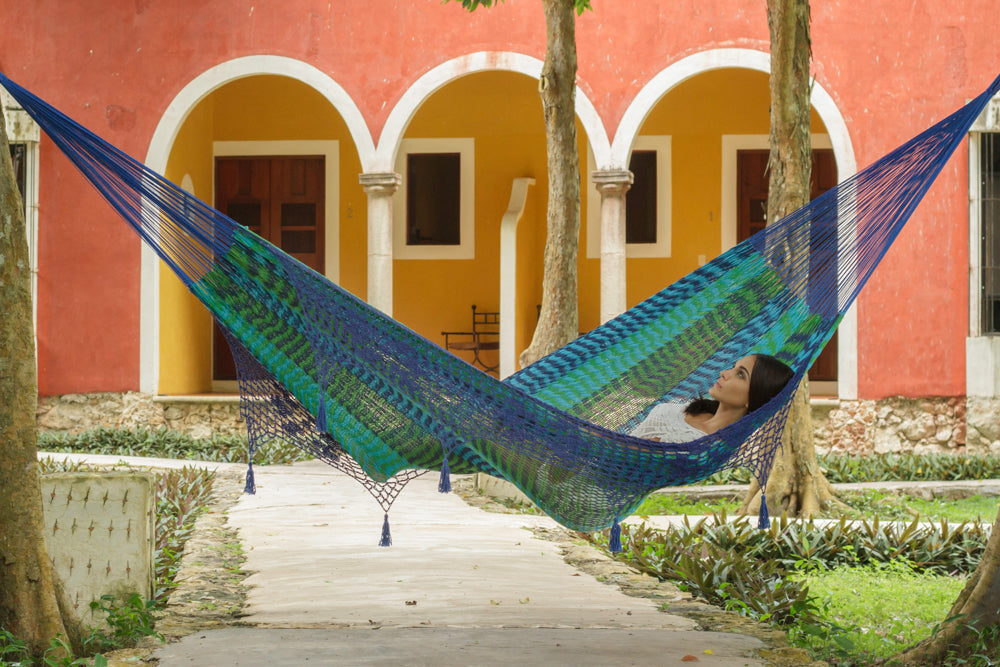 Outdoor undercover cotton Mayan Legacy hammock with hand crocheted tassels King Size Caribe