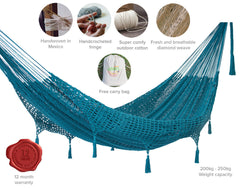 Outdoor undercover cotton Mayan Legacy hammock with hand crocheted tassels Queen Size Bondi