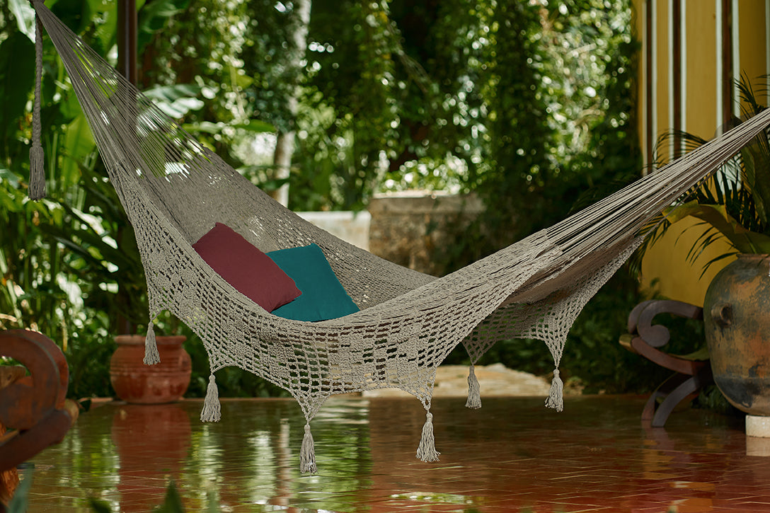 Outdoor undercover cotton Mayan Legacy hammock with hand crocheted tassels Queen Size Dream Sands